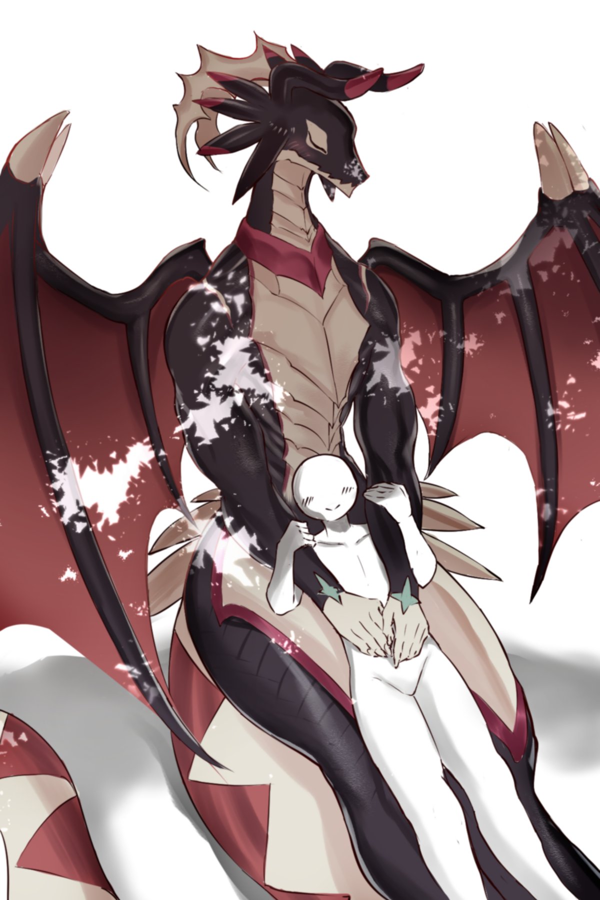 blush claws dragon dragonmaid_strahl duel_monster hi_res horn human konami mammal membrane_(anatomy) membranous_wings passionpit777 simple_background smile white_background wing_claws wings yu-gi-oh