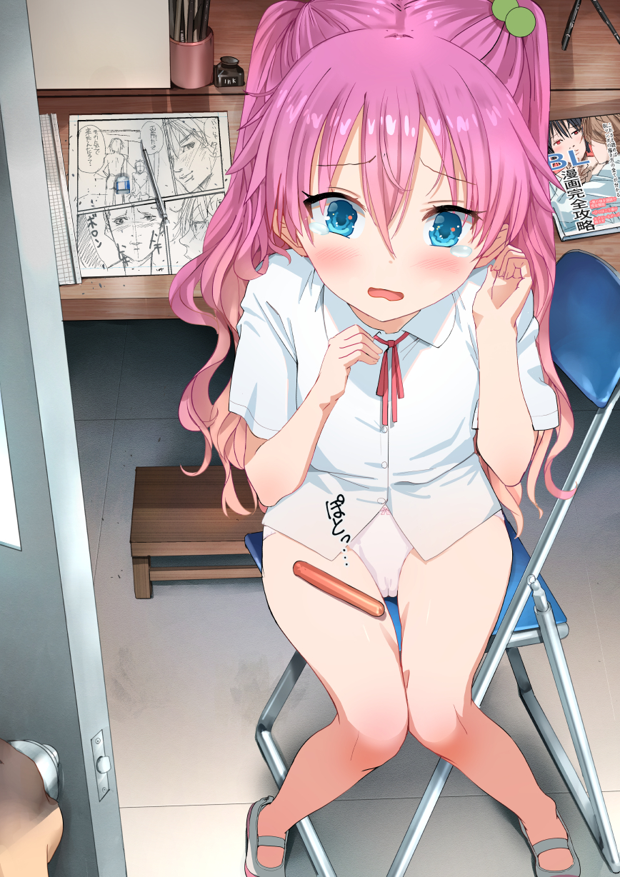 1girl bangs bare_legs blue_eyes blush bow bowtie cameltoe chair collared_shirt door eyebrows_visible_through_hair facing_viewer fingernails folding_chair food full_body hair_between_eyes hair_bobbles hair_ornament hand_to_head hands_up highres hiragana indoors katakana knees_together_feet_apart long_hair looking_at_viewer manga_(object) natsushima_memo naughty_face open_mouth oral original panties pink_hair ribbon_panties sausage school_uniform shadow shirt shoes short_sleeves sitting solo_focus sound_effects speech_bubble table tearing_up thighhighs two_side_up underwear uwabaki white_panties white_shirt zettai_ryouiki