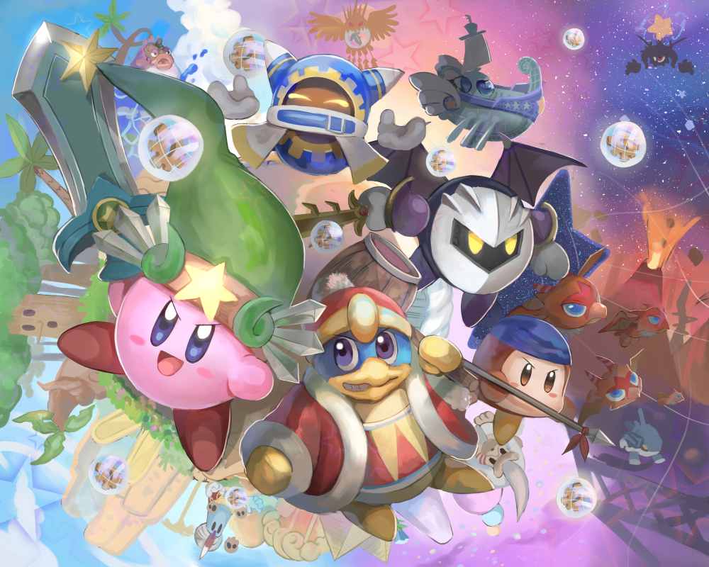 anniversary armor bandana_waddle_dee blue_eyes blue_hair cape commentary_request everyone fire galaxia_(sword) gloves hat holding king_dedede kirby kirby's_dream_land kirby's_return_to_dream_land kirby_(series) looking_at_viewer magolor mask meta_knight molten_rock momoko_(nihontou) no_humans open_mouth smile sword volcano weapon wings yellow_eyes