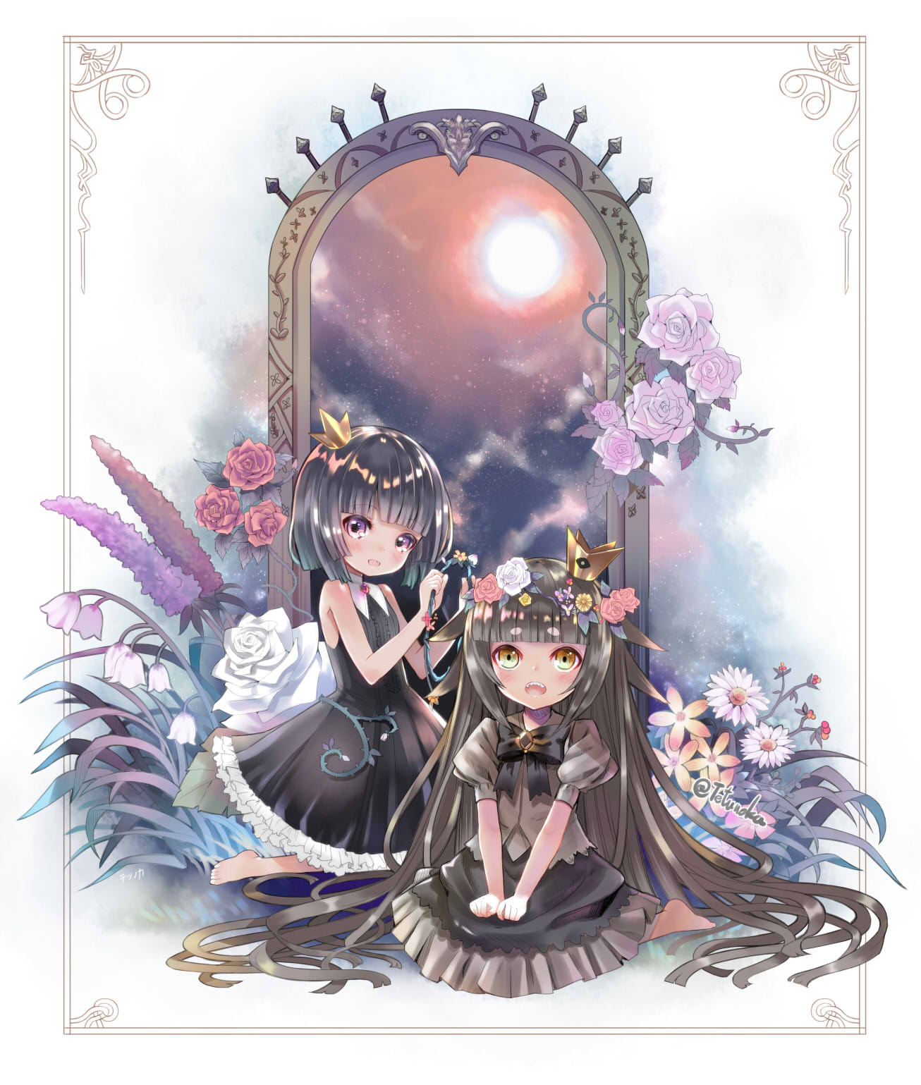 2girls bangs bare_shoulders barefoot black_bow black_dress black_hair blunt_bangs blush bow bowtie brooch collared_dress commentary_request crown dress flower frilled_dress frills full_body full_moon hair_flaps hair_flower hair_ornament highres jewelry juliet_sleeves liar_princess long_hair long_sleeves mini_crown moon multiple_girls open_mouth puffy_short_sleeves puffy_sleeves purple_eyes rose rose_(rose_to_tasogare_no_kojou) rose_to_tasogare_no_kojou short_hair short_sleeves sitting sleeveless sleeveless_dress smile tetsunoka usotsuki_hime_to_moumoku_ouji v_arms very_long_hair wreath yellow_eyes