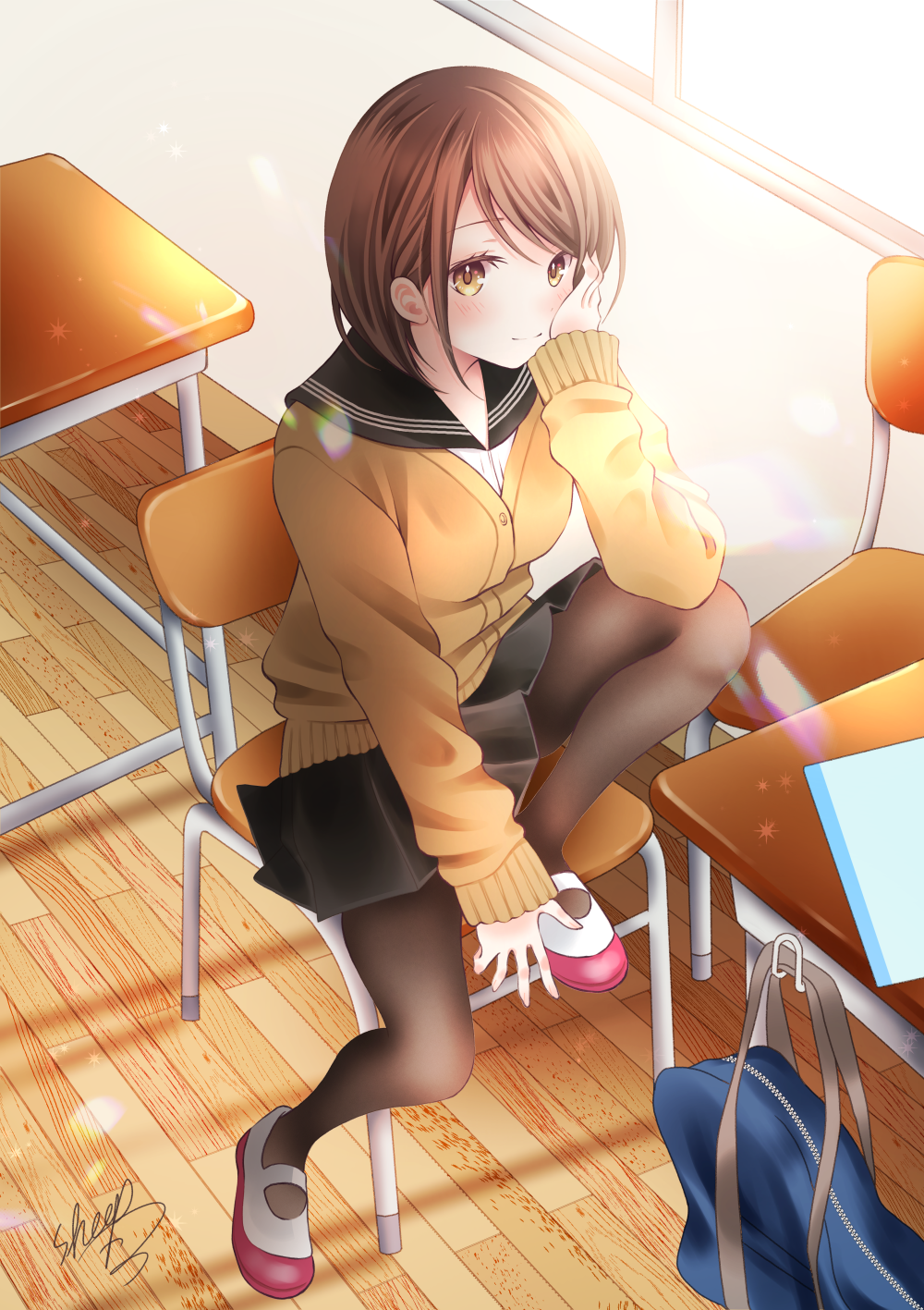 1girl arm_up bag black_sailor_collar black_skirt blush brown_cardigan brown_eyes brown_hair brown_legwear cardigan chair closed_mouth commentary_request day desk highres indoors knee_up long_sleeves on_chair original pantyhose pleated_skirt sailor_collar school_bag school_chair school_desk school_uniform serafuku sheepd shirt shoes signature sitting skirt sleeves_past_wrists smile solo sunlight uwabaki white_footwear white_shirt window wooden_floor