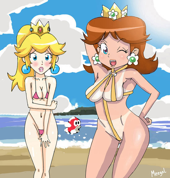 2girls beach blush breasts cleavage crown female mario_(series) multiple_girls nintendo outdoors princess_daisy princess_peach sky smile super_mario_bros. super_mario_land swimsuit tan tanline wink