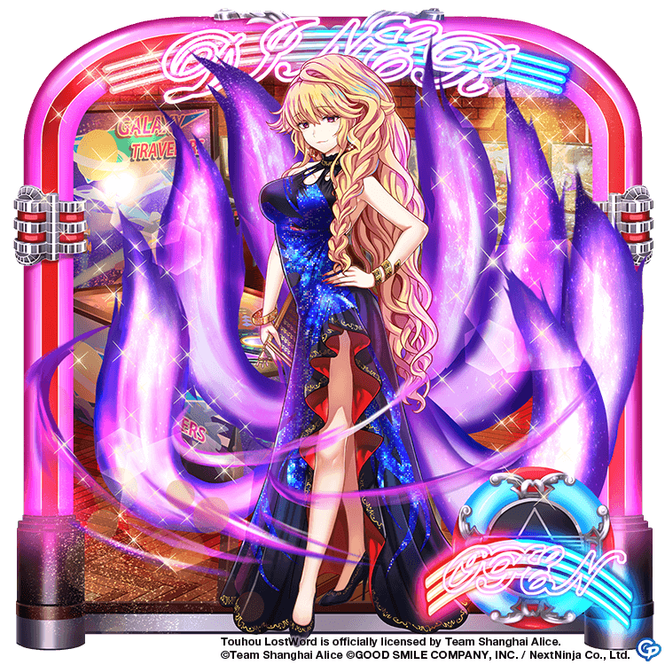 1girl blonde_hair bracelet braid breasts china_dress chinese_clothes company_name copyright_name dress energy_tail english_text fingernails fox_tail hand_on_hip high_heels jewelry jukebox junko_(touhou) large_breasts long_fingernails long_hair menu official_art poster_(object) tail touhou_lost_word yellow_eyes
