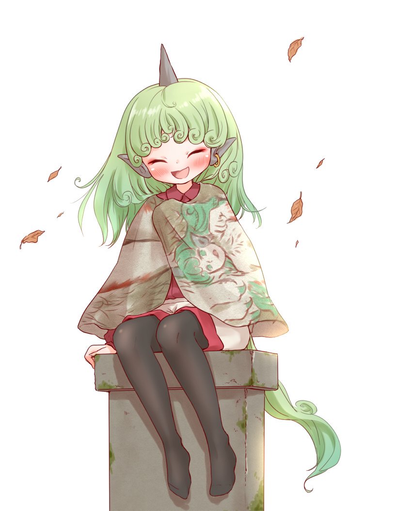 1girl ^_^ aqua_hair arinu autumn_leaves blush capelet character_print closed_eyes collared_shirt commentary_request curly_hair earrings green_tail happy horns jewelry komainu komainu_ears komainu_tail komano_aunn long_hair long_sleeves no_shoes open_mouth pantyhose red_shirt shirt shorts simple_background single_earring single_horn sitting touhou white_background white_shorts