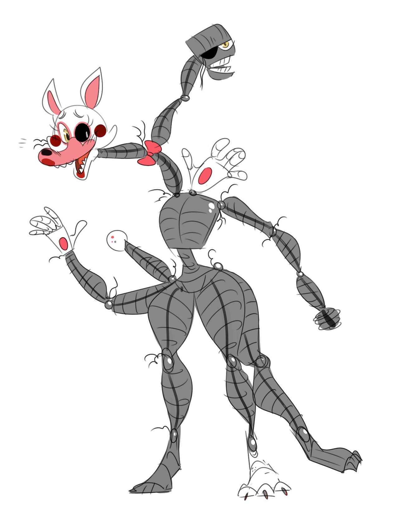 1_eye 2_heads animatronic anthro black_sclera blush bone bow_tie canid canine eyelashes featureless_chest female five_nights_at_freddy's five_nights_at_freddy's_2 fox grey_body hi_res lipstick machine makeup mammal mangle_(fnaf) mhdrawin multi_head multi_leg multi_limb pink_bow_tie red_lipstick robot rosy_cheeks scottgames skull skull_head small_waist solo thick_thighs video_games white_body white_eyes wide_hips wire yellow_eyes
