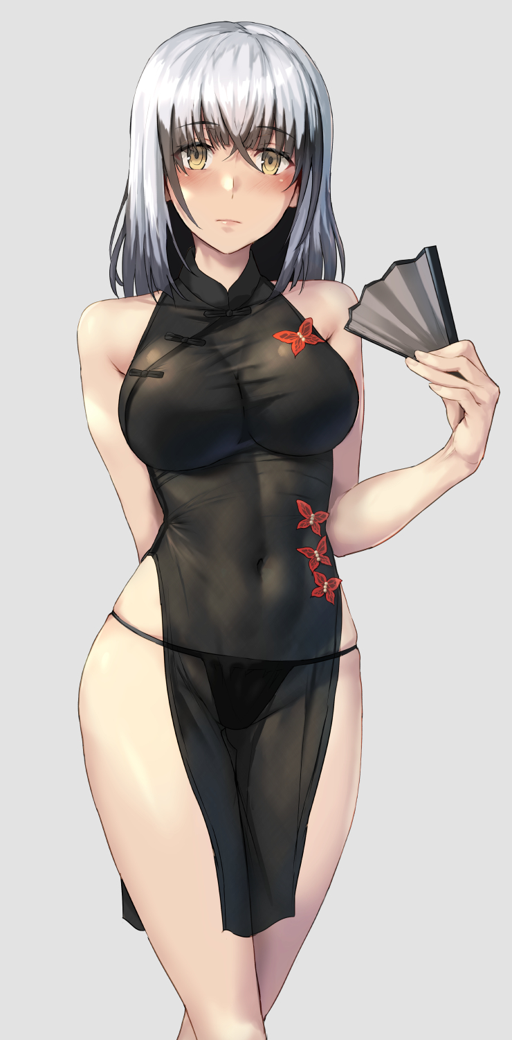 1girl arm_behind_back ass_visible_through_thighs black_dress black_hair black_panties blush breasts china_dress chinese_clothes closed_mouth commission covered_navel dress expressionless eyebrows_visible_through_hair folding_fan grey_background hand_fan highres impossible_clothes kokuzou large_breasts looking_at_viewer medium_hair multicolored_hair panties pelvic_curtain satsuki_yomi see-through simple_background skeb_commission solo standing string_panties toji_no_miko two-tone_hair underwear white_hair yellow_eyes