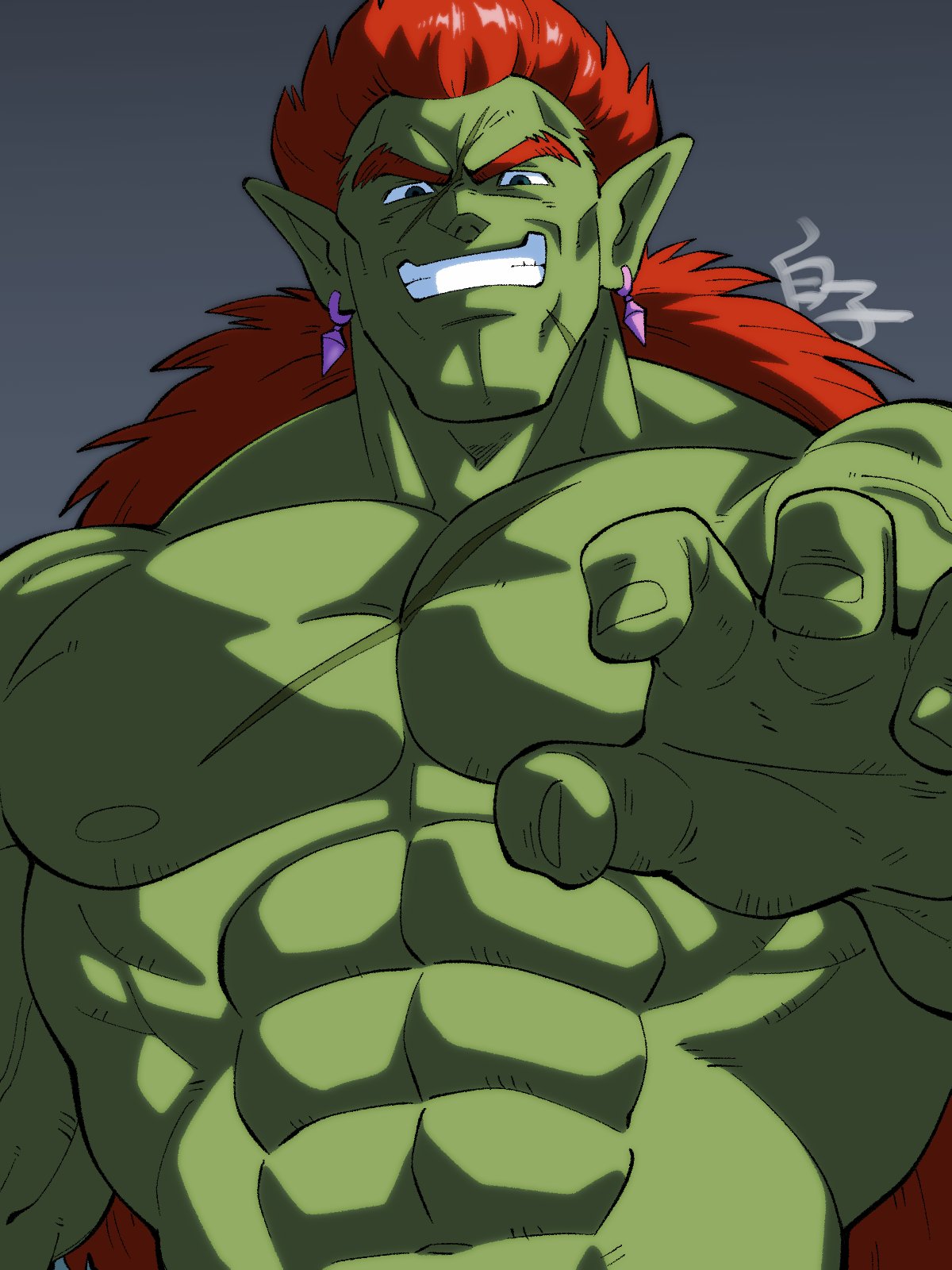 1boy abs bara character_request colored_skin copyright_request ear_piercing green_skin grin highres kirupi large_pectorals long_hair looking_at_viewer male_focus muscular muscular_male nipples nude orange_hair pectorals piercing scar scar_on_chest smile solo stomach thick_eyebrows upper_body
