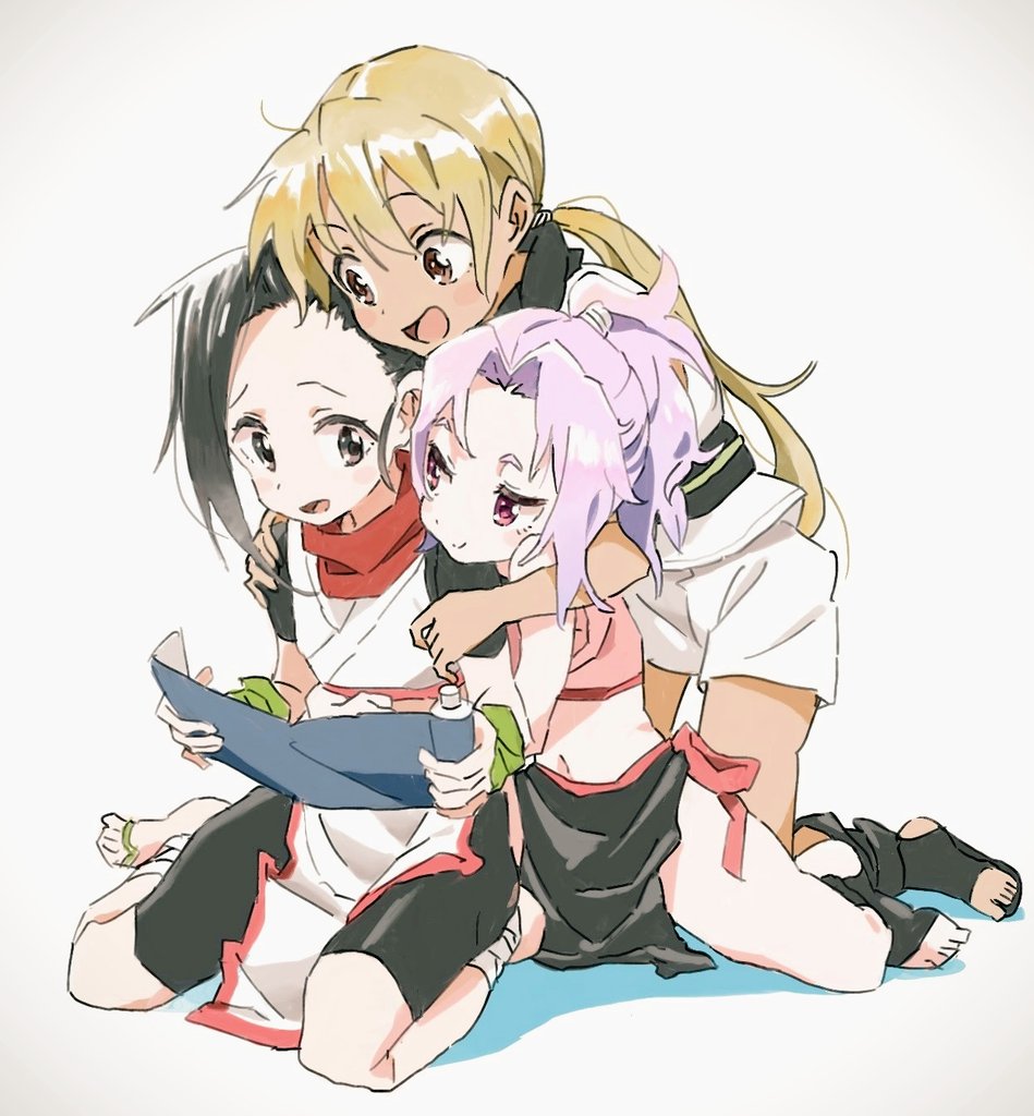 3girls asagao_(kunoichi_tsubaki_no_mune_no_uchi) black_footwear black_hair black_scarf black_shorts blonde_hair blush_stickers brown_eyes crop_top dark-skinned_female dark_skin flask00 full_body gloves green_gloves high_ponytail hug hug_from_behind japanese_clothes kimono kneeling kunoichi_tsubaki_no_mune_no_uchi long_hair midriff multiple_girls navel ninja open_mouth purple_hair red_scarf sandals sazanka_(kunoichi_tsubaki_no_mune_no_uchi) scarf scroll scroll_tube short_kimono short_sleeves shorts simple_background sitting sketch smile toeless_footwear tsubaki_(kunoichi_tsubaki_no_mune_no_uchi) twintails white_kimono