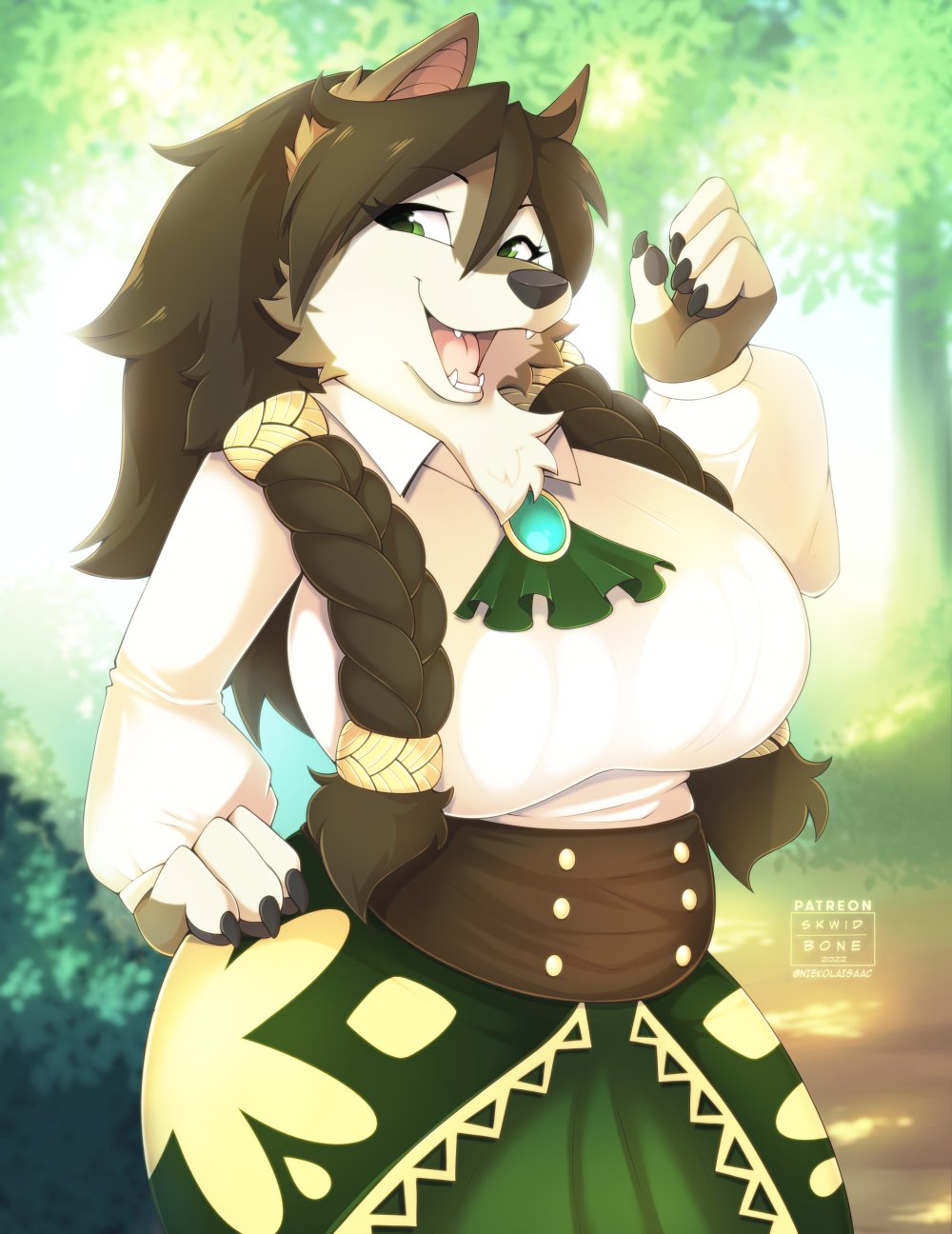 2020 anthro big_breasts breasts canid canine canis clothed clothing female fur hair hi_res mammal skwidbone smile solo