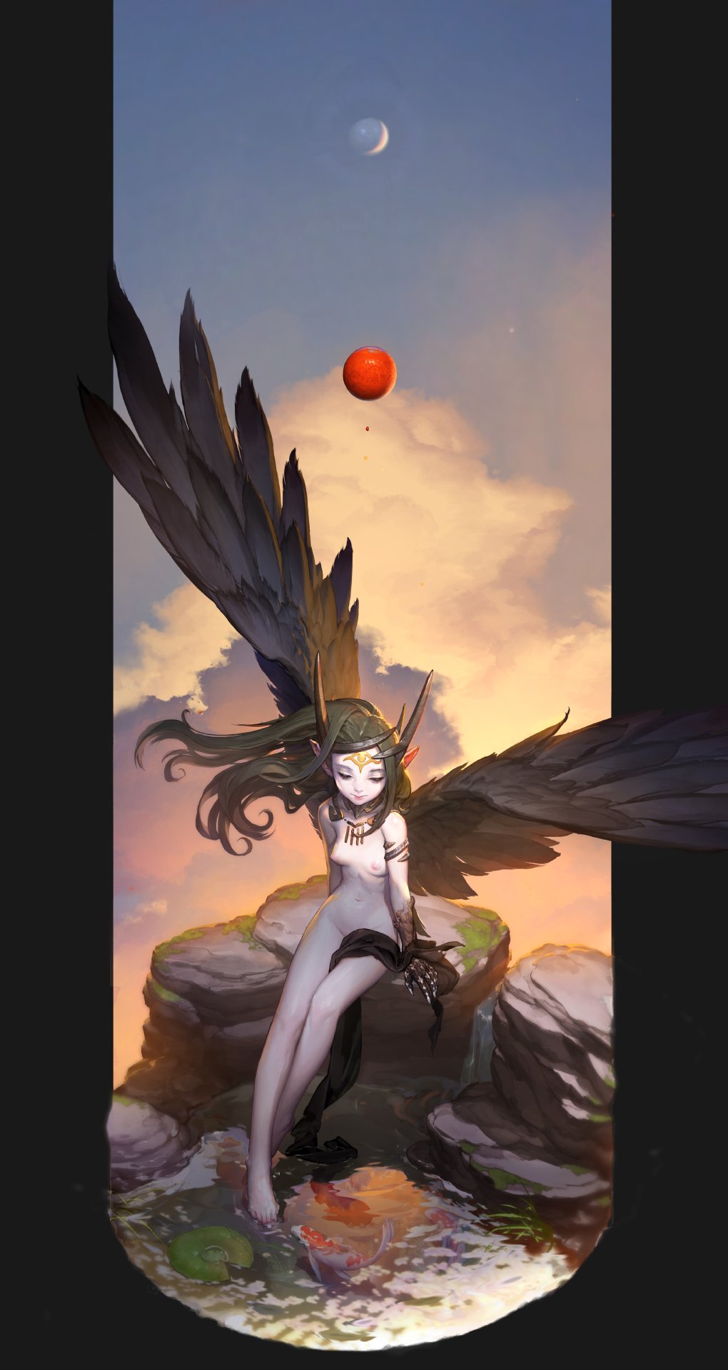 1girl ambiguous_red_liquid arm_support armlet arms_at_sides barefoot between_legs black_fur black_hair black_wings breasts cloud crescent_moon crossed_legs dripping eye_symbol eyelashes facial_mark feathered_wings floating_hair forehead_mark half-closed_eyes headgear highres horns jewelry kmpym koi korean_commentary leaf long_hair looking_away looking_down moon moss nature navel necklace nipples orb original outside_border pillarboxed pointy_ears pond reflection rock sitting sky small_breasts soaking_feet solo twilight very_long_hair water wings