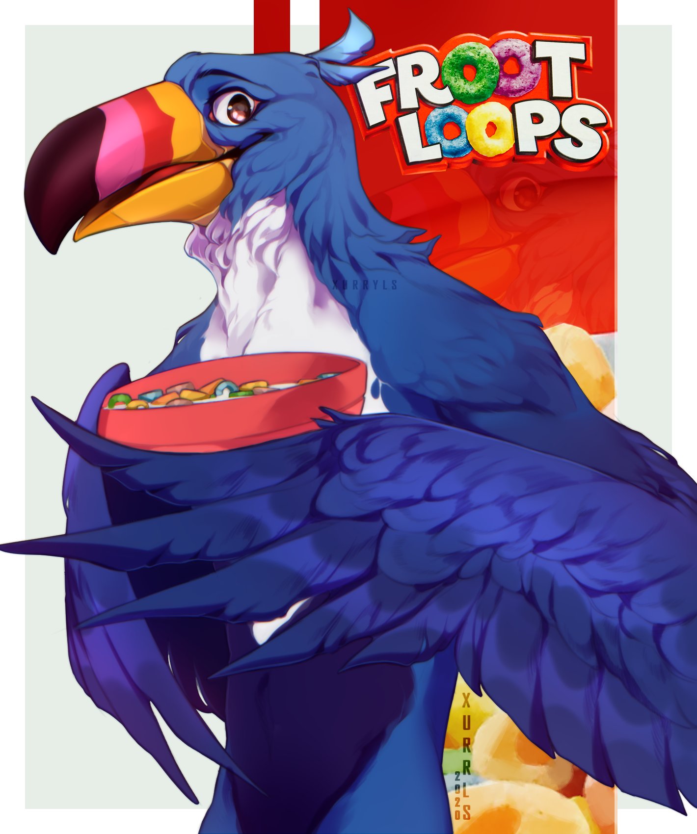 anthro avian big_beak bird blue_body blue_feathers cereal cereal_mascot feathers food froot_loops hi_res kellogg's male mascot solo toucan toucan_sam xurryls