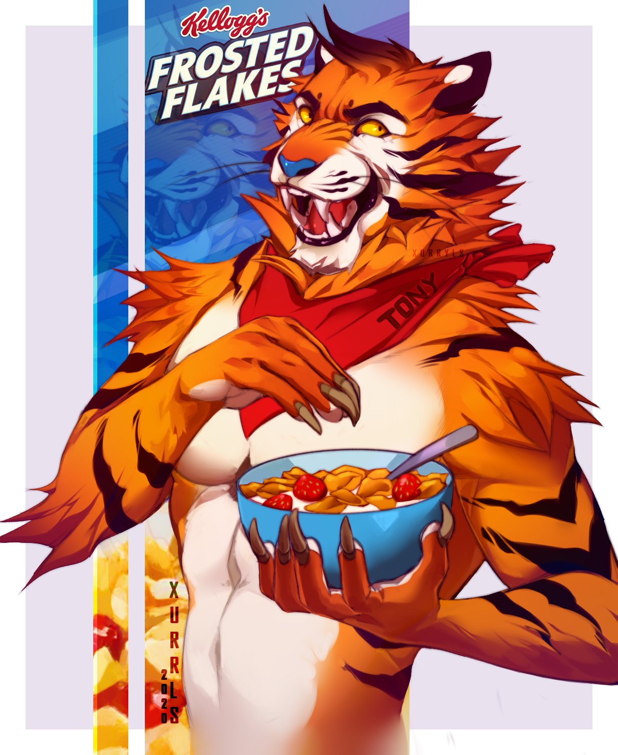 anthro cereal cereal_mascot claws fangs felid food frosted_flakes fruit hi_res kellogg's male mammal mascot pantherine plant solo strawberry tiger tony_the_tiger xurryls