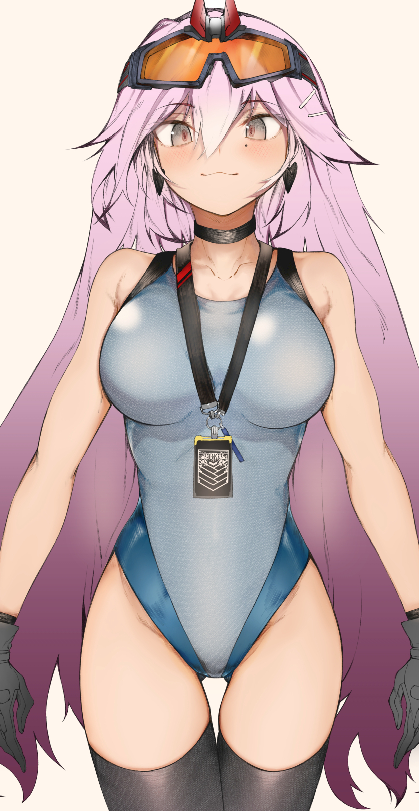 1girl :3 bangs black_choker black_gloves blush breasts choker closed_mouth competition_swimsuit earrings ekuesu girls'_frontline gloves goggles goggles_on_head gradient_hair hair_between_eyes hair_ornament hairclip highres id_card jewelry lanyard large_breasts long_hair mole mole_under_eye multicolored_hair one-piece_swimsuit pink_hair purple_hair sig_mcx_(girls'_frontline) simple_background solo swimsuit very_long_hair white_hair yellow_background