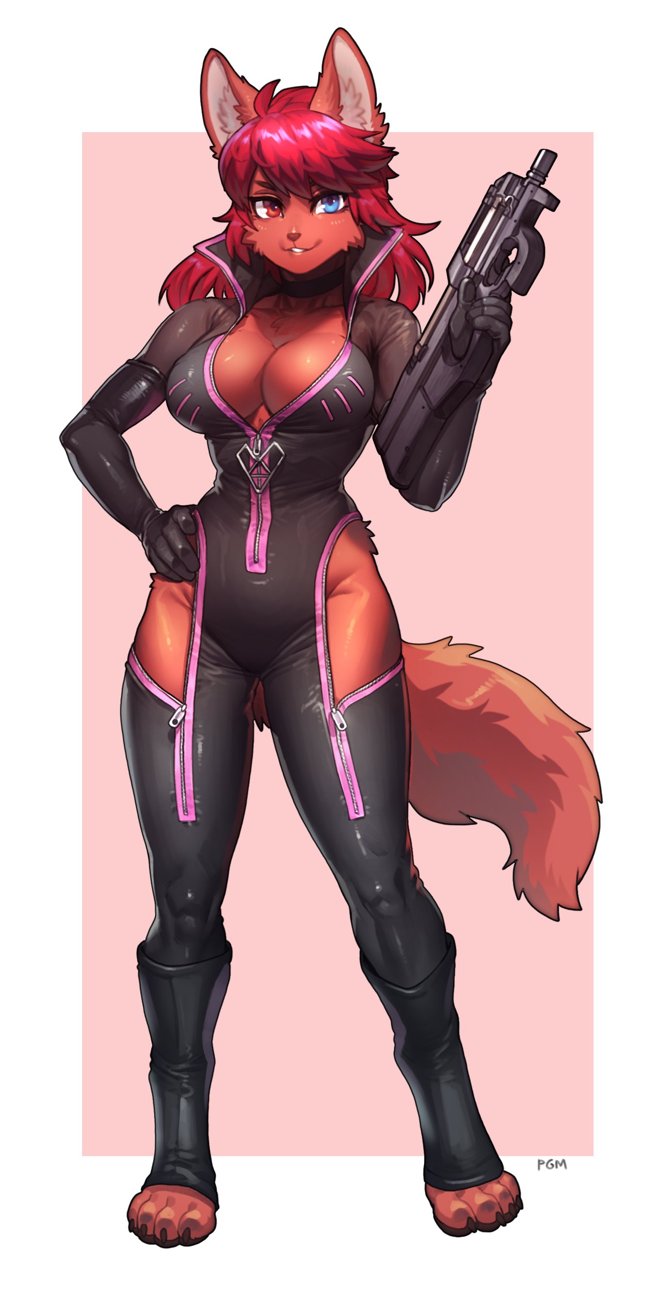 2022 absurd_res anthro big_breasts border breasts cleavage clothed clothing female fur gradient_background gun hair heterochromia hi_res looking_at_viewer multicolored_body multicolored_fur pgm300 ranged_weapon red_body red_fur red_hair simple_background two_tone_body two_tone_fur weapon white_border