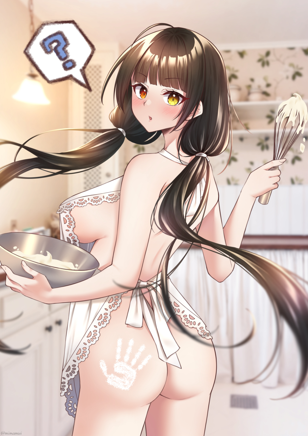 1girl ? alternate_costume apron ass bangs blush bowl breasts commission girls'_frontline head_tilt heterochromia highres holding indoors kitchen large_breasts long_hair looking_at_viewer low_twintails mimamui naked_apron parted_lips red_eyes ro635_(girls'_frontline) sideboob skeb_commission slap_mark slap_mark_on_face solo spoken_question_mark twintails very_long_hair whisk white_apron yellow_eyes