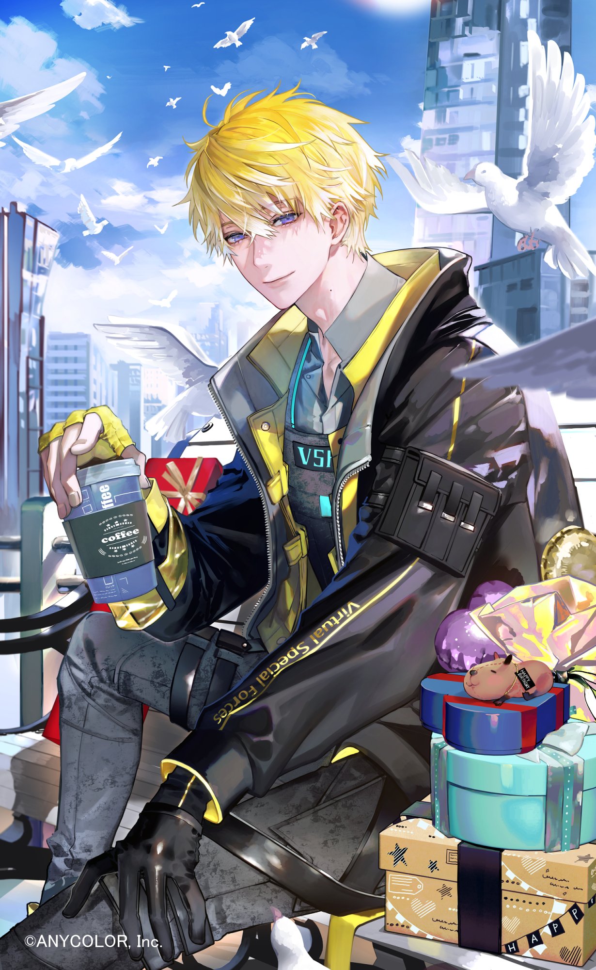 1boy arm_pouch balloon bench bird black_gloves black_jacket blonde_hair blue_sky building closed_mouth clothes_writing cloud cloudy_sky coffee coffee_cup cup disposable_cup fingerless_gloves fingernails flying gift gloves glowing happy_birthday heart_balloon highres holding holding_cup ishizuekachiru jacket male_focus mole mole_on_neck multicolored_hair nijisanji nijisanji_en open_clothes open_jacket pouch purple_eyes railing single_fingerless_glove sitting sky smile solo sonny_brisko white_hair yellow_gloves zipper