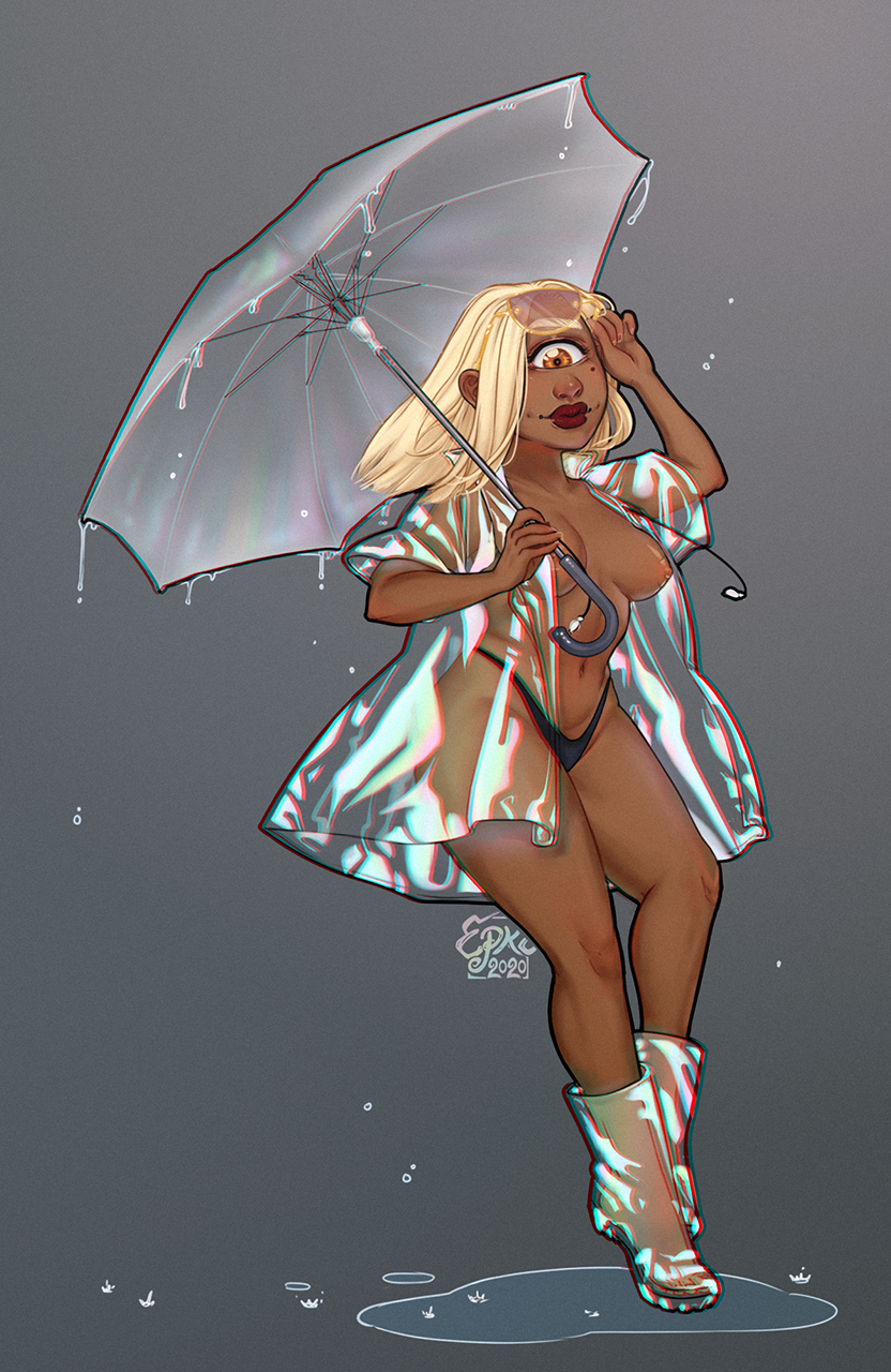 clothing cyclops eyewear eyewear_on_head hi_res high-waisted_thong humanoid monster monster_girl_(genre) nipples nude pink_nipples pinup pose rain_coat raining redo remake solo sunglasses sunglasses_on_head thong umbrella underwear yellow