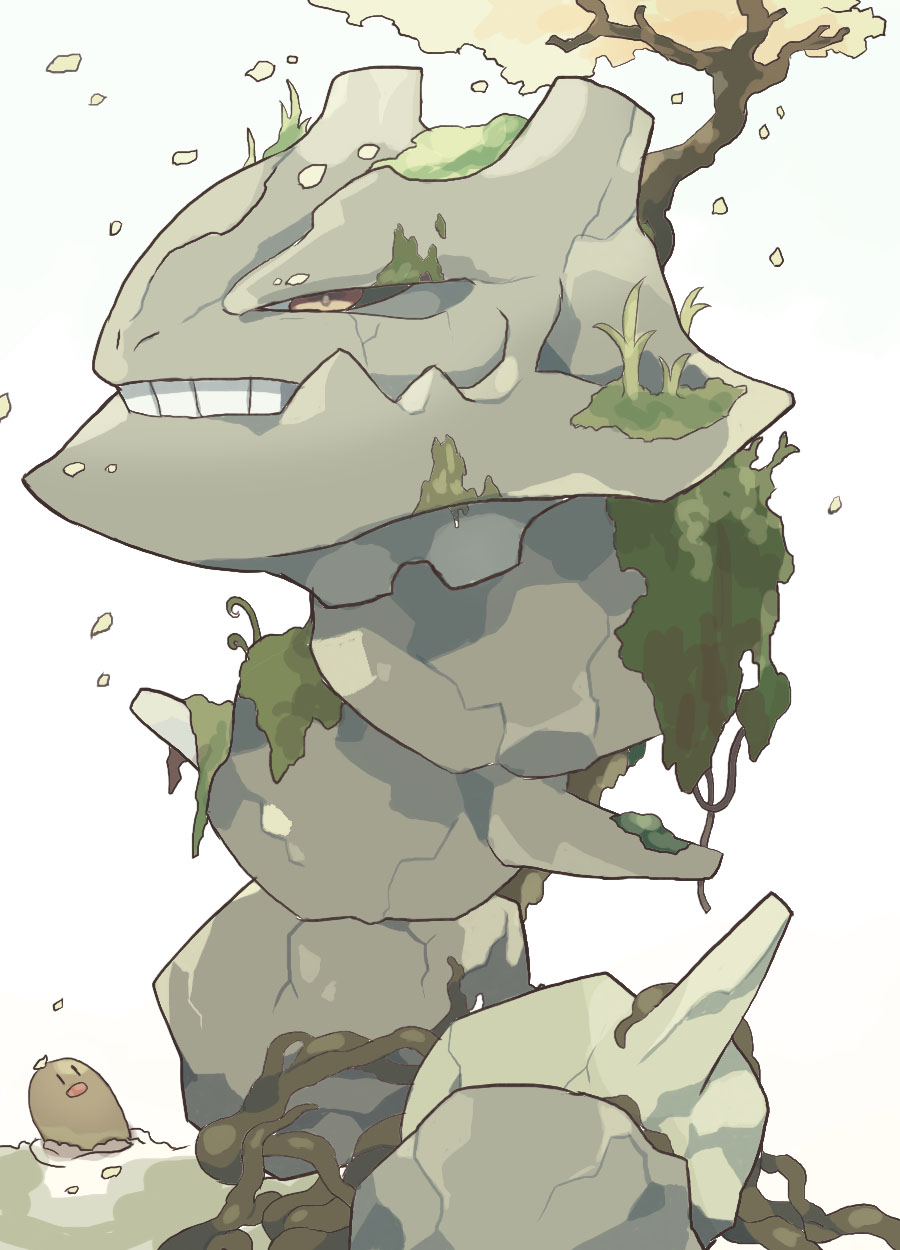 akadako animal_focus black_eyes black_sclera brown_eyes closed_mouth colored_sclera commentary_request dated_commentary diglett grass highres looking_at_viewer moss no_humans one-hour_drawing_challenge partial_commentary petals plant pokemon pokemon_(creature) rock solid_oval_eyes solo_focus steelix teeth tree vines white_background