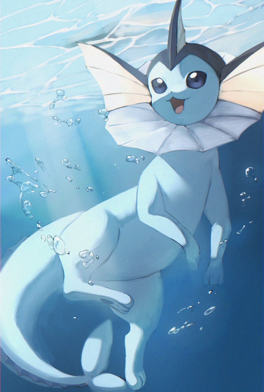 :3 animal_focus blue_background blue_eyes blue_theme bubble caustics commentary day full_body happy highres horezai light_rays no_humans open_mouth pawpads pokemon pokemon_(creature) smile solo swimming underwater vaporeon
