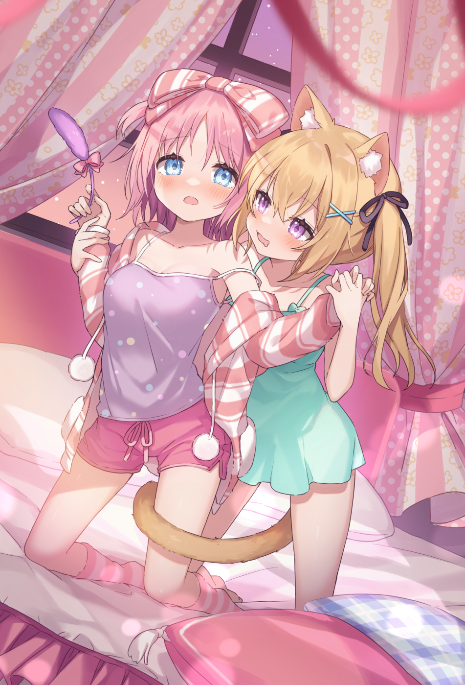2girls animal_ear_fluff animal_ears arms_up barefoot bed bedroom blue_dress blue_eyes blue_nightgown blush bow breasts brown_hair camisole cardigan cat_ears cat_girl cat_tail cat_teaser curtains dress face-to-face grabbing grabbing_from_behind hair_bow hair_ornament hairclip highres holding_hands indoors kneeling long_hair multiple_girls nightgown off_shoulder one_side_up open_mouth original pillow pink_camisole pink_eyes pink_hair pink_shorts poncho_(31103105) ribbon short_dress short_hair short_shorts shorts smile socks striped striped_cardigan striped_footwear tail tail_wrap thighs twintails window yuri