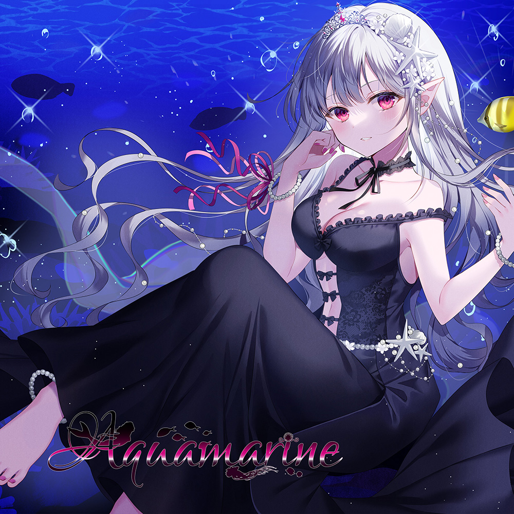 1girl air_bubble animal bare_arms bare_shoulders barefoot black_dress bracelet breasts bubble cleavage collarbone commentary_request commission crossed_legs dress english_text feet_out_of_frame fish glint grey_hair jewelry long_hair medium_breasts myusha nail_polish night ocean original pearl_bracelet pink_ribbon purple_nails red_ribbon ribbon shell_hair_ornament sitting sleeveless sleeveless_dress solo starfish_hair_ornament strap_slip tiara toenail_polish toenails underwater very_long_hair water