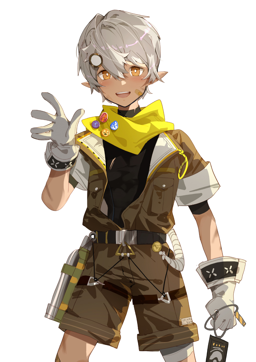 1boy arknights bandaid bandaid_on_face belt bishounen black_shirt boy_scout chestnut_(arknights) cowboy_shot dark-skinned_male dark_skin gloves grey_hair highres indai_(3330425) jacket male_focus open_clothes pointy_ears scarf shirt short_hair shorts smile solo white_gloves yellow_eyes