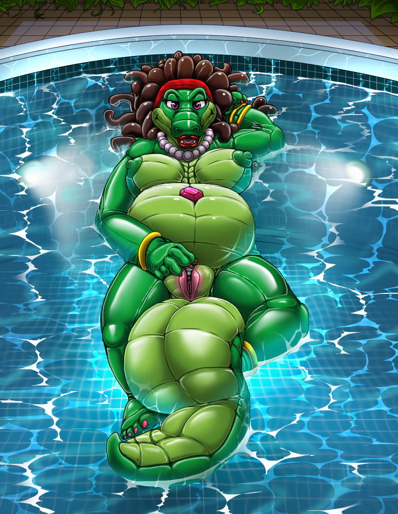 2022 alligator alligatorid animate_inanimate anthro areola biped bracelet breasts brown_hair colored_nails crocodilian detailed_background digital_media_(artwork) female gem genitals glistening glistening_body green_body hair inflatable jewelry kitsune_youkai lipstick living_inflatable looking_at_viewer makeup nails narrowed_eyes necklace nipples outside partially_submerged pink_eyes pink_nails presenting presenting_pussy pussy red_lipstick reptile rubber ruby_(gem) ruby_(heruanubissolares) scalie shaded smile solo swimming_pool teeth tongue water
