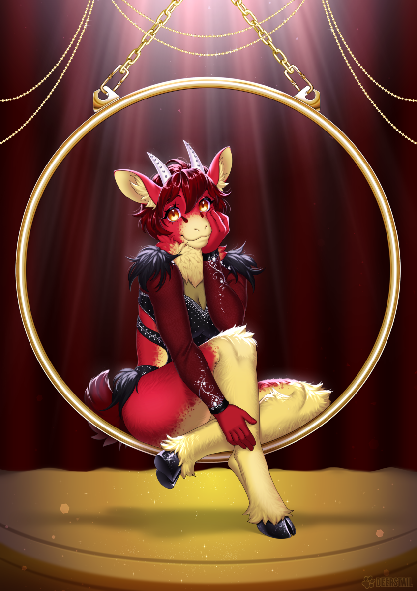 2022 amy_del_(nicoya) anthro biped black_hooves breasts cervid cloven_hooves deerstail female fur hair hi_res hooves mammal red_body red_fur red_hair sitting solo