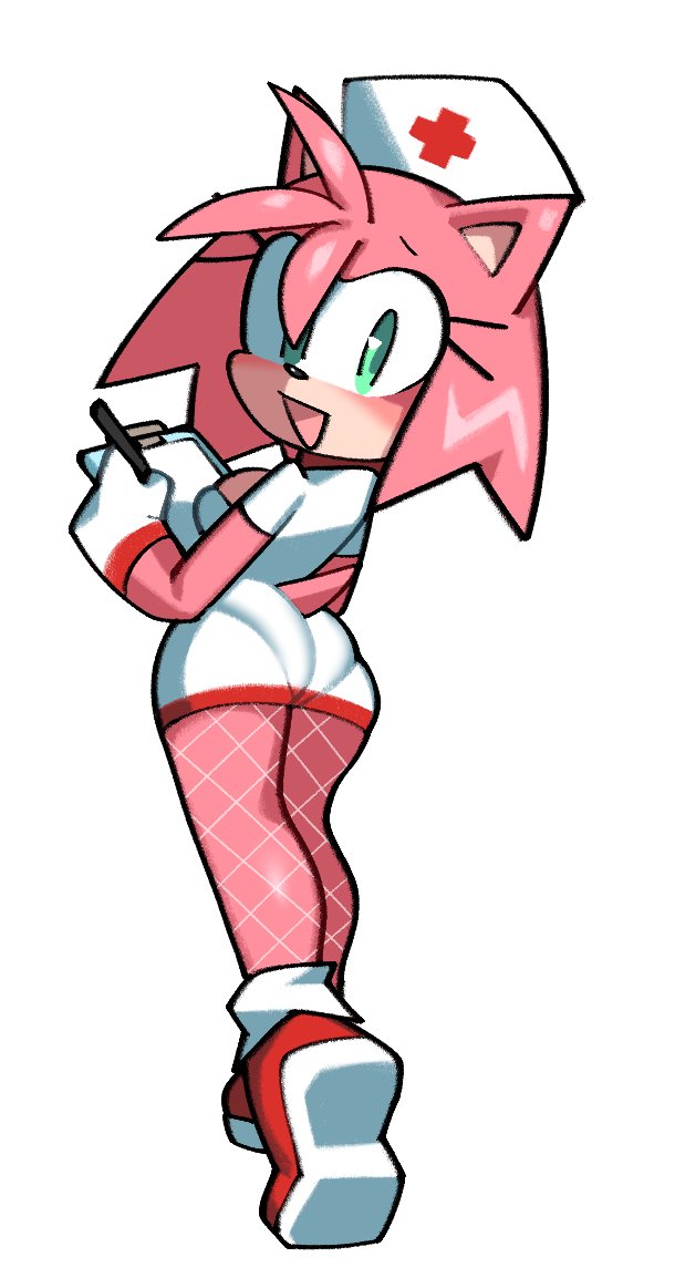 amy_rose anthro big_butt blush bottomwear butt clipboard clothing dress eulipotyphlan female fiinel fishnet fishnet_legwear footwear gloves green_eyes hair handwear hat headgear headwear hedgehog legwear looking_at_viewer looking_back looking_back_at_viewer mammal miniskirt nurse_clothing nurse_hat nurse_headwear nurse_uniform pen pink_body pink_hair sega shoes simple_background skirt solo sonic_the_hedgehog_(series) thick_thighs tight_clothing uniform white_background wide_hips writing_(disambiguation)