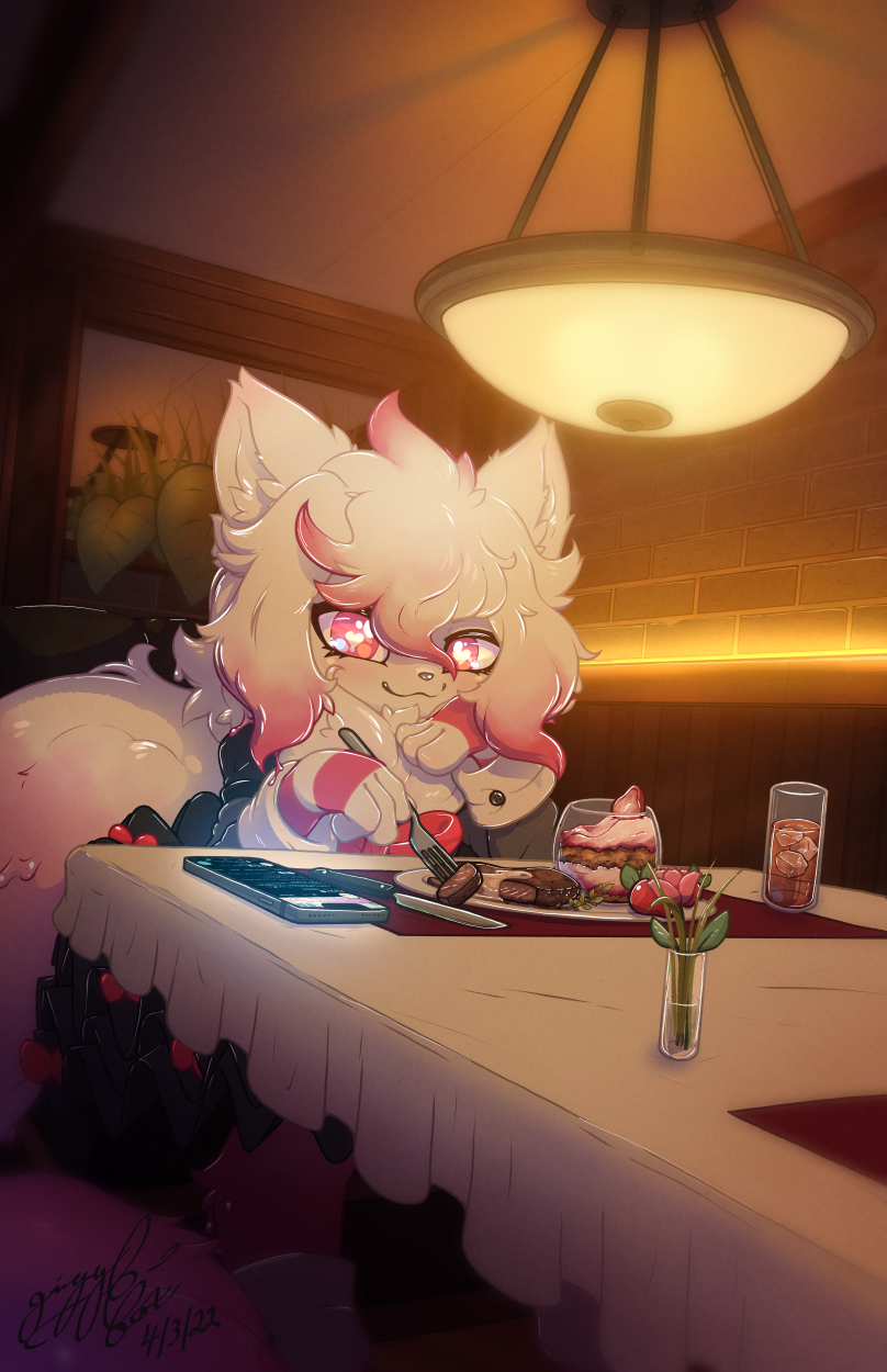 anthro beef beverage clothing cutlery dark desert domestic_cat dress eating felid feline felis flower food fork fruit furniture gingy_k_fox goo_(disambiguation) hi_res kitchen_utensils knife looking_at_viewer mammal meat phone plant solo steak strawberry table tools