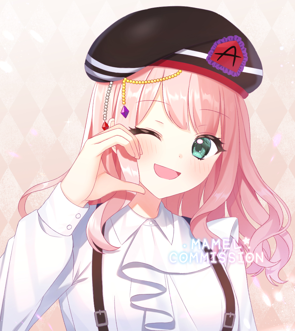 1girl ;d argyle argyle_background bang_dream! beret black_headwear brown_background collared_shirt commentary commission green_eyes hand_up hat long_hair long_sleeves looking_at_viewer mamel_27 one_eye_closed pink_hair shirt smile solo suspenders uehara_himari watermark white_shirt