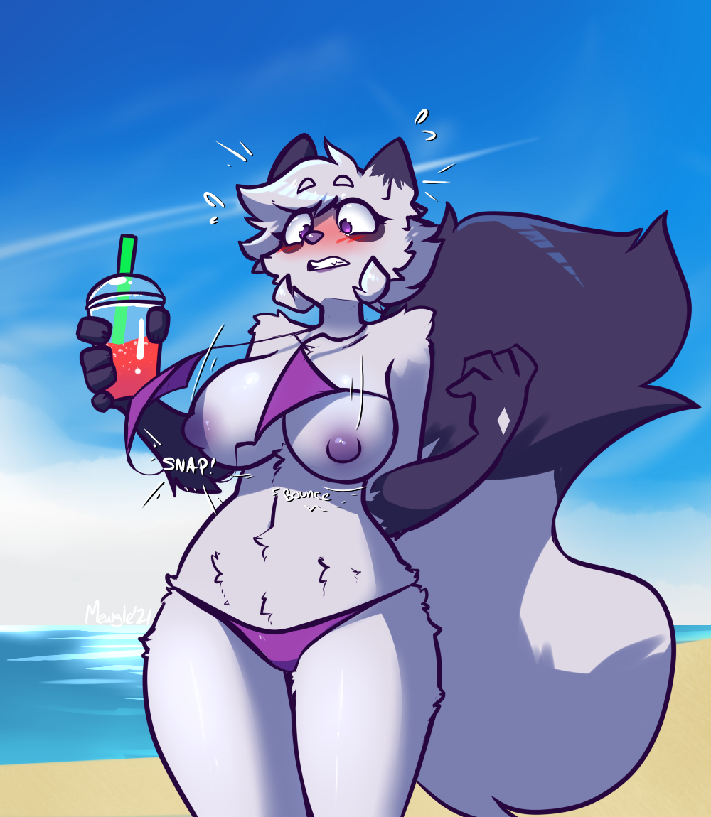 5_fingers animal_humanoid anthro beach beverage bikini black_body black_fur blush breasts canid canid_humanoid canine canine_humanoid cleavage clenched_teeth clothed clothing dust_(mewgle) female fingers fox fox_humanoid fur grey_body grey_fur humanoid mammal mammal_humanoid mewgle nipples onomatopoeia purple_eyes sand sea seaside solo solo_focus sound_effects surprised_expression swimwear teeth text torn_clothing water