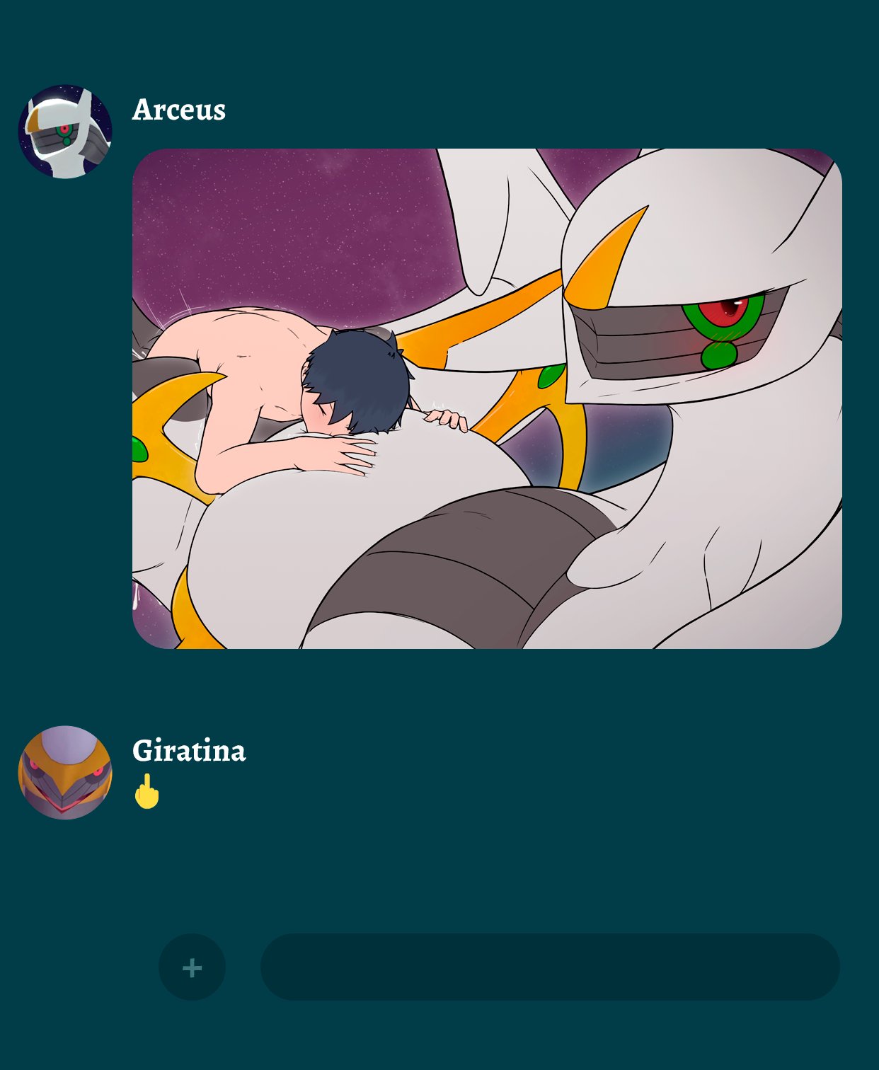 arceus blush conditional_dnp feral giratina hi_res human humor legendary_pok&eacute;mon lucas_(pok&eacute;mon) male mammal nintendo pikajota pok&eacute;mon pok&eacute;mon_(species) sex size_difference small_dom_big_sub text_message text_messaging video_games white_body