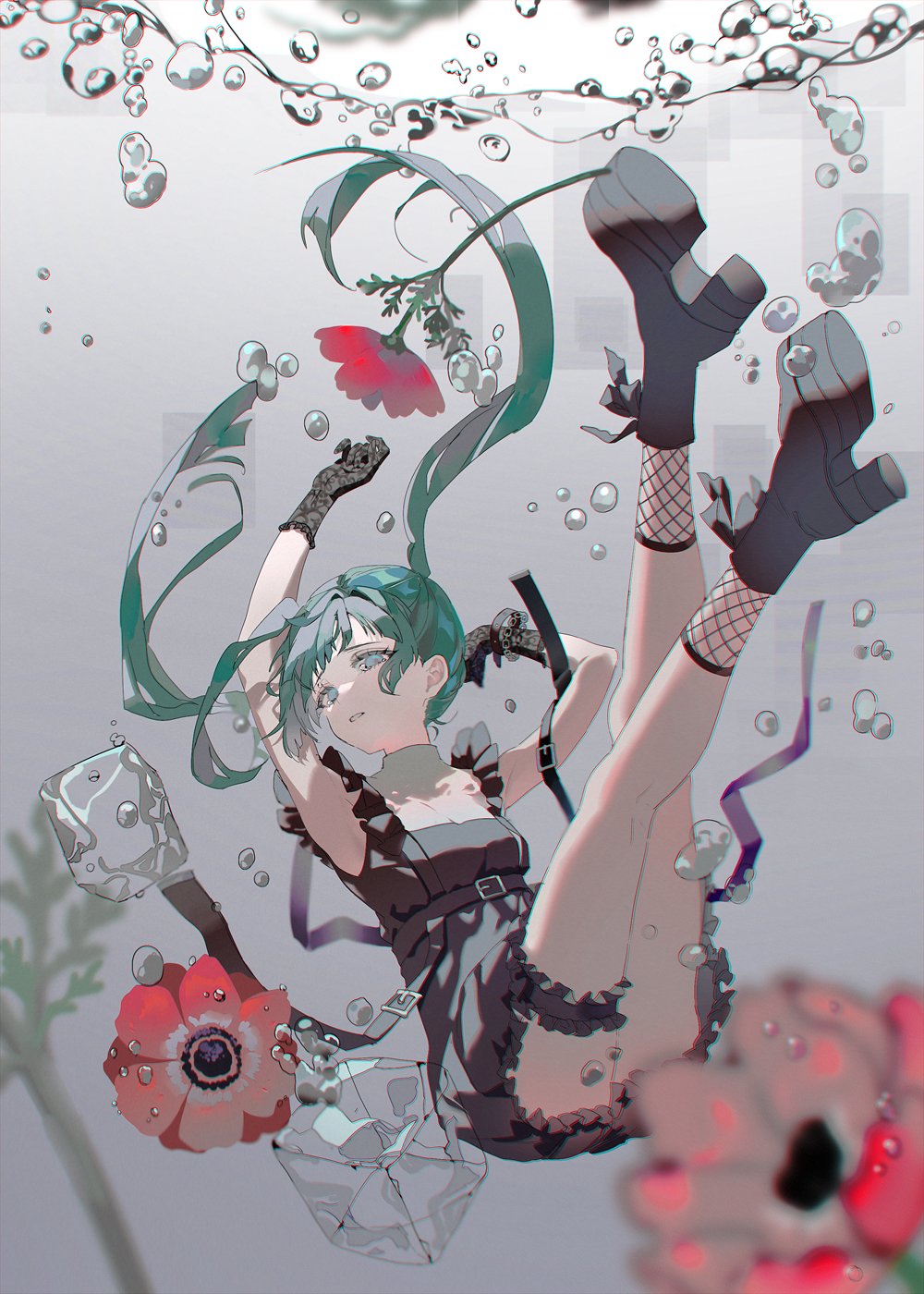 1girl alternate_costume aqua_eyes aqua_hair bangs black_dress black_footwear blurry blurry_foreground bubble dress fishnet_legwear fishnets flower full_body gradient gradient_background grey_background hatsune_miku high_heels highres ice ice_cube long_hair looking_at_viewer lunar_(mikumikunau39) red_flower sleeveless solo underwater vocaloid