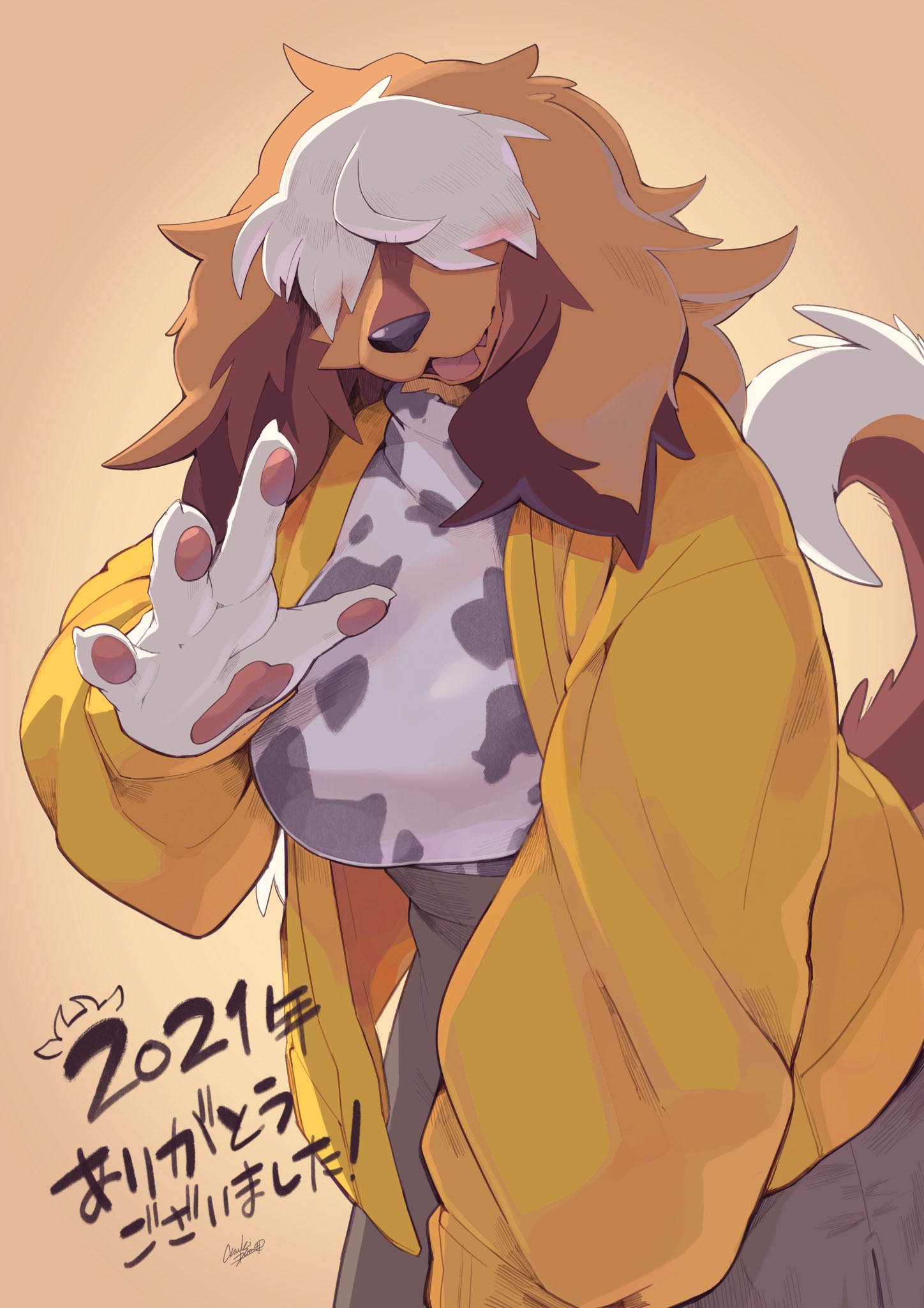 4_fingers animal_print anthro azuki_merun11 bent_over big_breasts bottomwear breasts canid canine canis clothing cow_print domestic_dog female fingers fluffy fluffy_tail hase_(azuki_merun11) hi_res looking_at_viewer mammal molosser mountain_dog pawpads print saint_bernard skirt solo