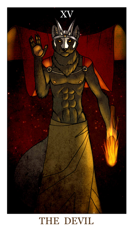anthro black_fur canine cape card clothed clothing crown embers feralise fur major_arcana male mammal moongara muscular muscular_male nipples pawpads red_eyes solo tarot_card the_devil_(tarot) topless torch wolf