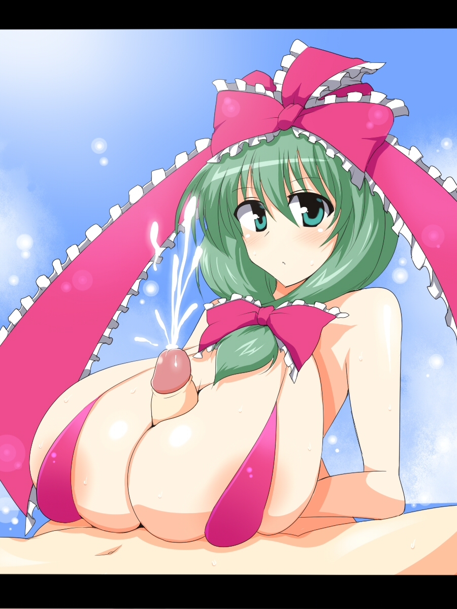 bb blush breasts cleavage cum highres huge_breasts kagiyama_hina large_breasts paizuri penis swimsuit touhou uncensored wedge