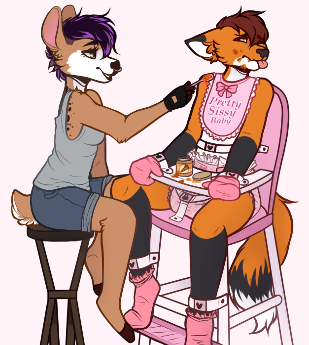 2017 ambiguous_gender anthro archived_source bib diaper digital_drawing_(artwork) digital_media_(artwork) dipstick_ears dipstick_tail duo english_text fur furniture hair high_chair markings monsterbunny multicolored_ears simple_background sitting stool tail_markings text