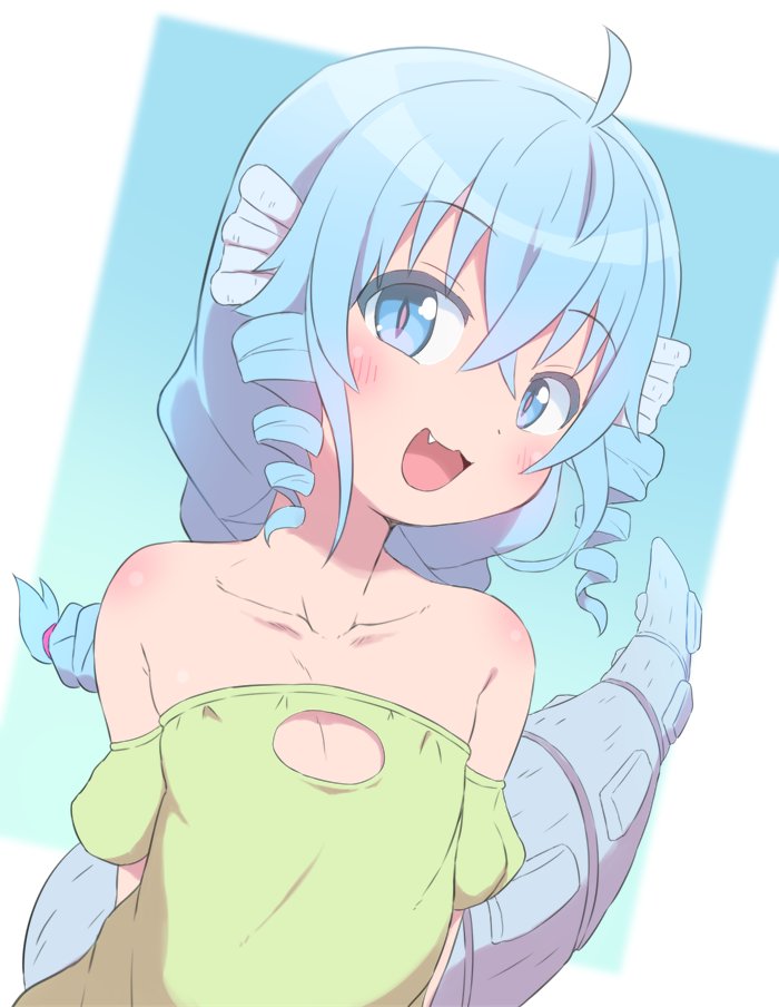 1girl :d ahoge bangs bare_shoulders blue_eyes blue_hair blush bubukka child collarbone copyright_request crossed_bangs drill_hair eyebrows_visible_through_hair fang flat_chest hair_between_eyes head_fins looking_at_viewer slit_pupils smile solo tail twin_drills upper_body