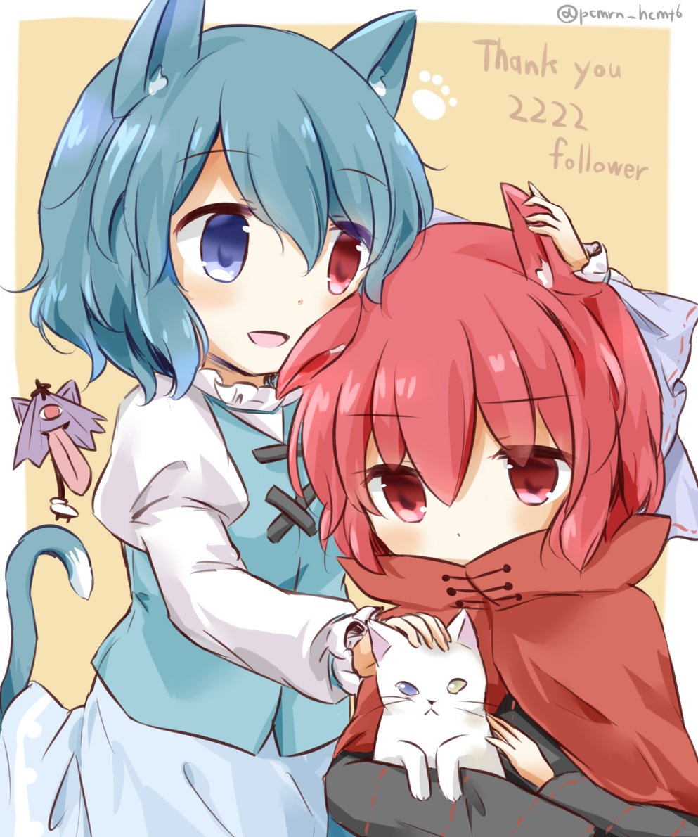 2girls :d animal animal_ears bangs blue_bow blue_eyes blue_hair bow cat cat_ears cat_tail celebration cloak english_text eyebrows_visible_through_hair hair_bow heterochromia holding holding_animal juliet_sleeves karakasa_obake long_sleeves looking_at_another looking_at_viewer multiple_girls open_mouth puchimirin puffy_sleeves purple_umbrella red_eyes red_hair sekibanki short_hair smile symbol-only_commentary tail tatara_kogasa touhou twitter_username umbrella