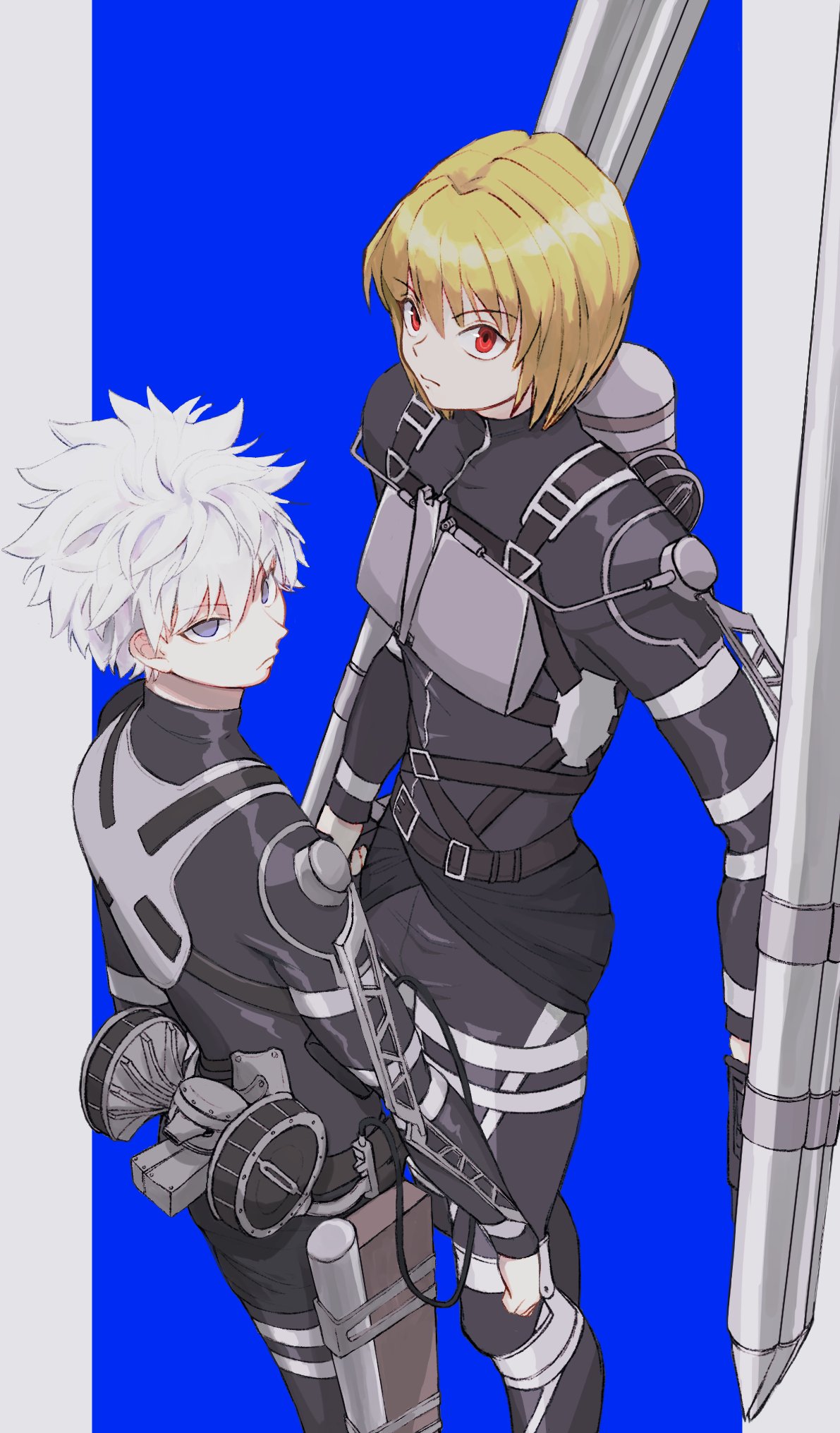 2boys bangs black_pants black_shirt blonde_hair blue_background blue_eyes bob_cut cable chest_guard commentary cosplay dual_wielding english_commentary feet_out_of_frame from_above from_side frown harness highres holding holding_weapon hunter_x_hunter killua_zoldyck kurapika long_sleeves looking_at_viewer looking_away looking_to_the_side male_focus multiple_boys outside_border pants paradis_military_uniform red_eyes shingeki_no_kyojin shirt short_hair standing tank_(container) thigh_strap three-dimensional_maneuver_gear tongyannn weapon