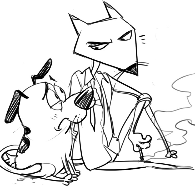 anthro apprehensive black_ears black_eyebrows black_eyes black_nose black_spots blush blush_lines c2ndy2c1d canid canine canis cartoon_network cigarette cigarette_smoke clothed clothing courage_the_cowardly_dog courage_the_cowardly_dog_(character) domestic_cat domestic_dog dress_shirt duo eye_contact eyebrows felid feline felis feral fur half-closed_eyes holding_object interspecies junkmixart katz_(courage_the_cowardly_dog) looking_at_another looking_down looking_up male male/male mammal markings narrowed_eyes necktie nervous nude partially_clothed relaxing shirt simple_background sitting size_difference sketch smoking smoking_cigarette smoking_tobacco spots spotted_body spotted_fur spotted_markings tail_wraps thick_eyebrows topwear whiskers white_background wraps