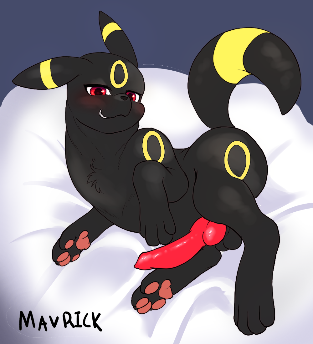 animal_genitalia animal_penis bed blush canine_penis eeveelution feral furniture genitals knots male mavrickzoo nintendo penis pillow pok&eacute;mon pok&eacute;mon_(species) seductive umbreon video_games