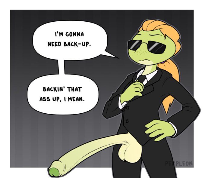 amphibian black_tie_(suit) clothed clothing dialogue_box eyewear frog genitals glasses gynomorph humanoid intersex megan_ziegler penis perpleon poking_out solo suit text
