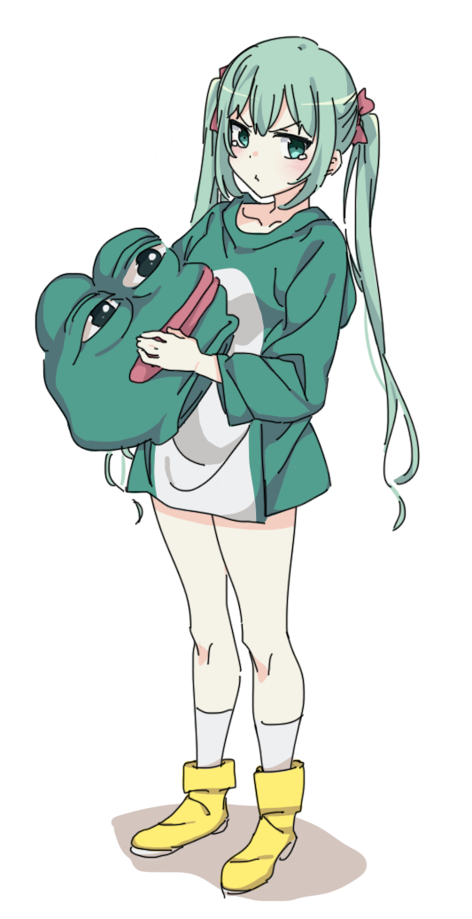 1girl animal_costume boots boy's_club commentary cosplay eyebrows_visible_through_hair frog_costume frown girls'_frontline green_eyes green_hair hair_ribbon holding_headgear kigurumi korean_commentary long_hair looking_at_viewer mascot_head micro_uzi_(girls'_frontline) pepe_the_frog red_ribbon ribbon sidarim simple_background socks solo standing tears twintails very_long_hair white_background white_legwear yellow_footwear