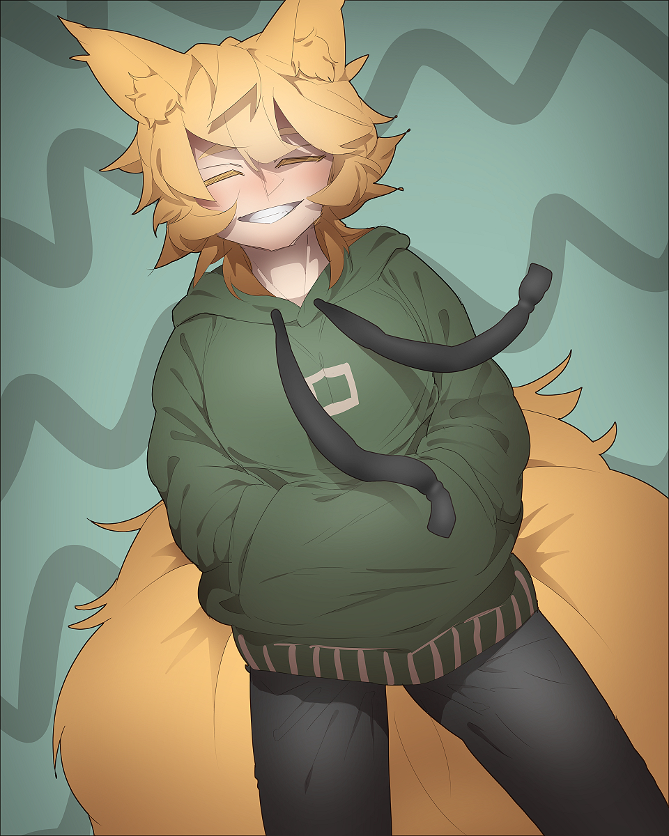 1girl animal_ear_fluff animal_ears baggy_clothes bangs blonde_hair blush casual closed_eyes cowboy_shot crossed_bangs denim drawstring eyebrows_behind_hair fox_ears fox_girl fox_tail green_background green_hoodie grin hair_between_eyes hands_in_pocket hands_in_pockets highres hood hood_down hoodie jeans kitsune large_tail long_sleeves looking_at_viewer matsunome messy_hair no_hat no_headwear pants patterned_background shaded_face shadow short_hair smile solo square standing sweatshirt tail teeth touhou yakumo_ran yellow_eyes yellow_tail