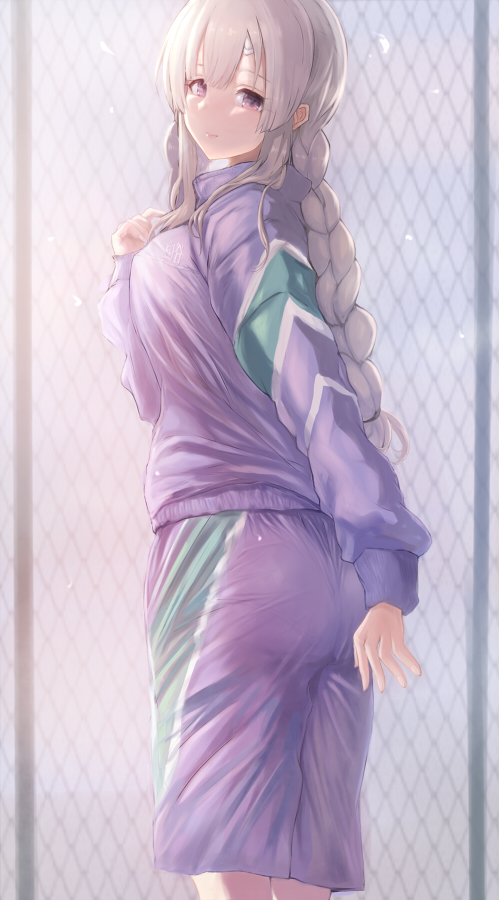 1girl bandaid bandaid_on_face braid breasts chain-link_fence fence greyscale idolmaster idolmaster_shiny_colors large_breasts light_smile looking_at_viewer looking_back monochrome pants purple_eyes purple_pants purple_shirt rooftop shiny shiny_clothes shiny_hair shirt solo toho_(kihon_ha_yappa) twin_braids yuukoku_kiriko