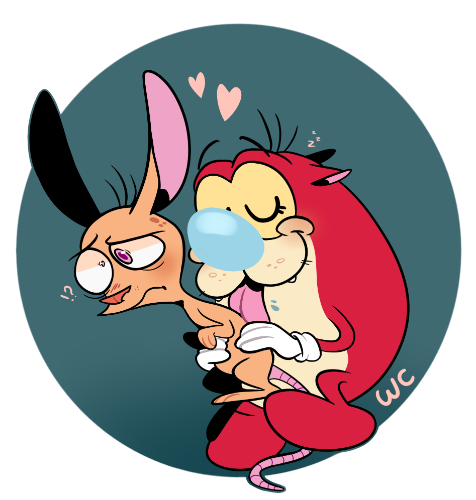 &lt;3 canid canine canis domestic_cat domestic_dog duo felid feline felis fur licking male male/male mammal nickelodeon pink_eyes red_body red_fur ren_and_stimpy ren_h&ouml;ek stimpy_j._cat tongue tongue_out waackery