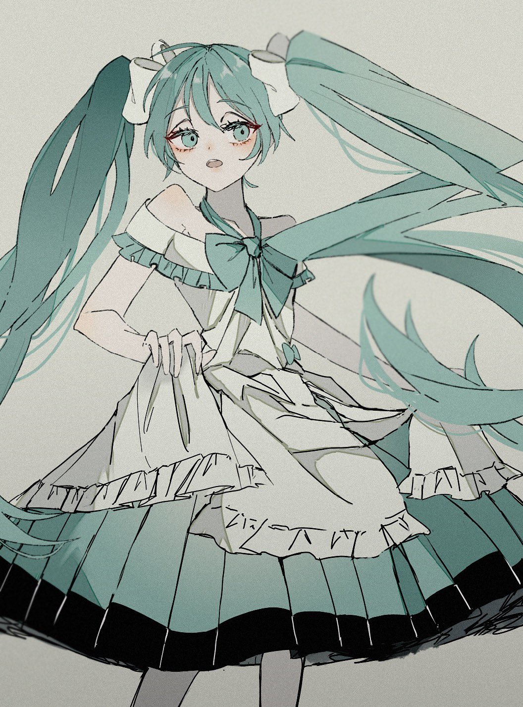 1girl aqua_bow aqua_eyes aqua_hair aqua_skirt bare_shoulders bow dress dress_bow frilled_dress frills hair_between_eyes hair_ribbon half-closed_eyes hatsune_miku highres hitobashira_alice_(vocaloid) limited_palette long_hair looking_at_viewer maca1227 monochrome muted_color open_mouth pale_skin ribbon skinny skirt skirt_hold solo twintails very_long_hair vocaloid white_dress