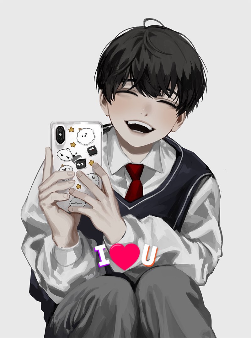 1boy black_hair blackbox_(blackbox9158) child closed_eyes collared_shirt dok-ja_kim heart holding holding_phone long_sleeves male_focus necktie omniscient_reader's_viewpoint open_mouth phone red_necktie school_uniform shirt short_hair sitting smile solo sticker teeth vest_over_shirt white_background younger